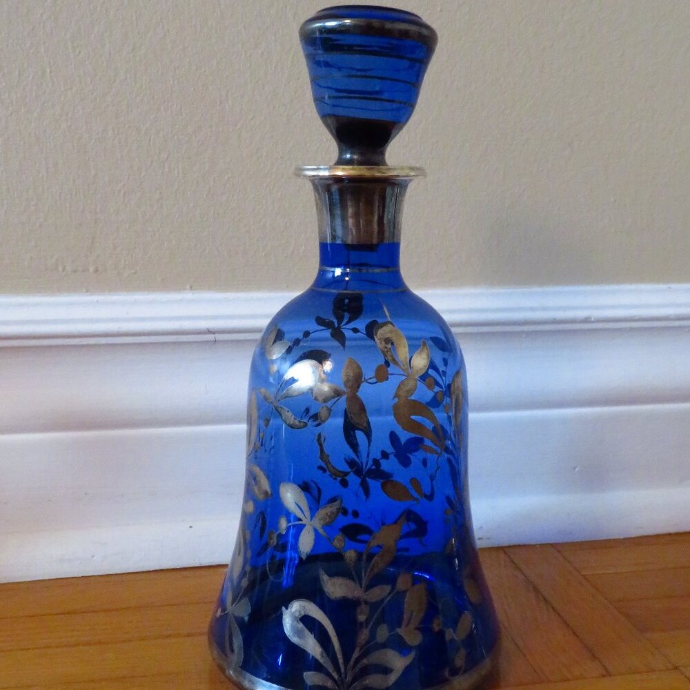 Vintage Bell Shaped Italian Art Silver Painted Cobalt Blue Glass Decanter Italy